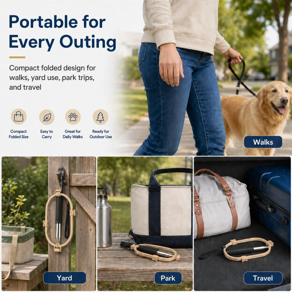 Portable pet waste management tool being folded for storage during outdoor travel.