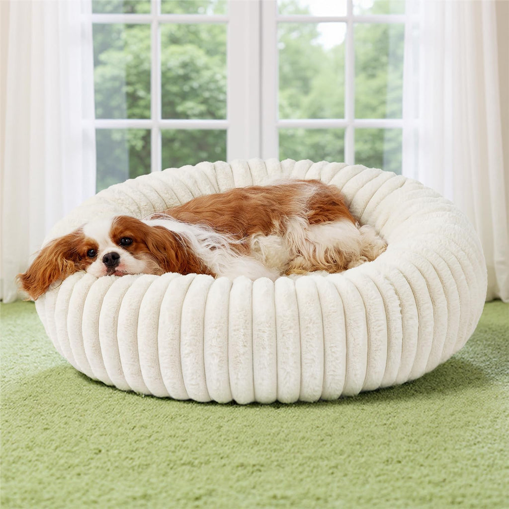 Bedsure ComfyFleece(TM) Donut Medium Dog Bed - Washable Faux Fur with Corduroy Fleece & Anti Slip Bottom, Round Pet Bed with Removable Cover, Cream, 30x30x8 inches - Image 1