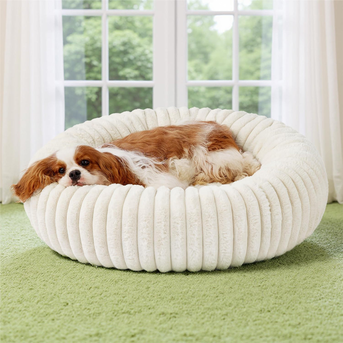 Bedsure ComfyFleece(TM) Donut Medium Dog Bed - Washable Faux Fur with Corduroy Fleece & Anti Slip Bottom, Round Pet Bed with Removable Cover, Cream, 30x30x8 inches - Image 1