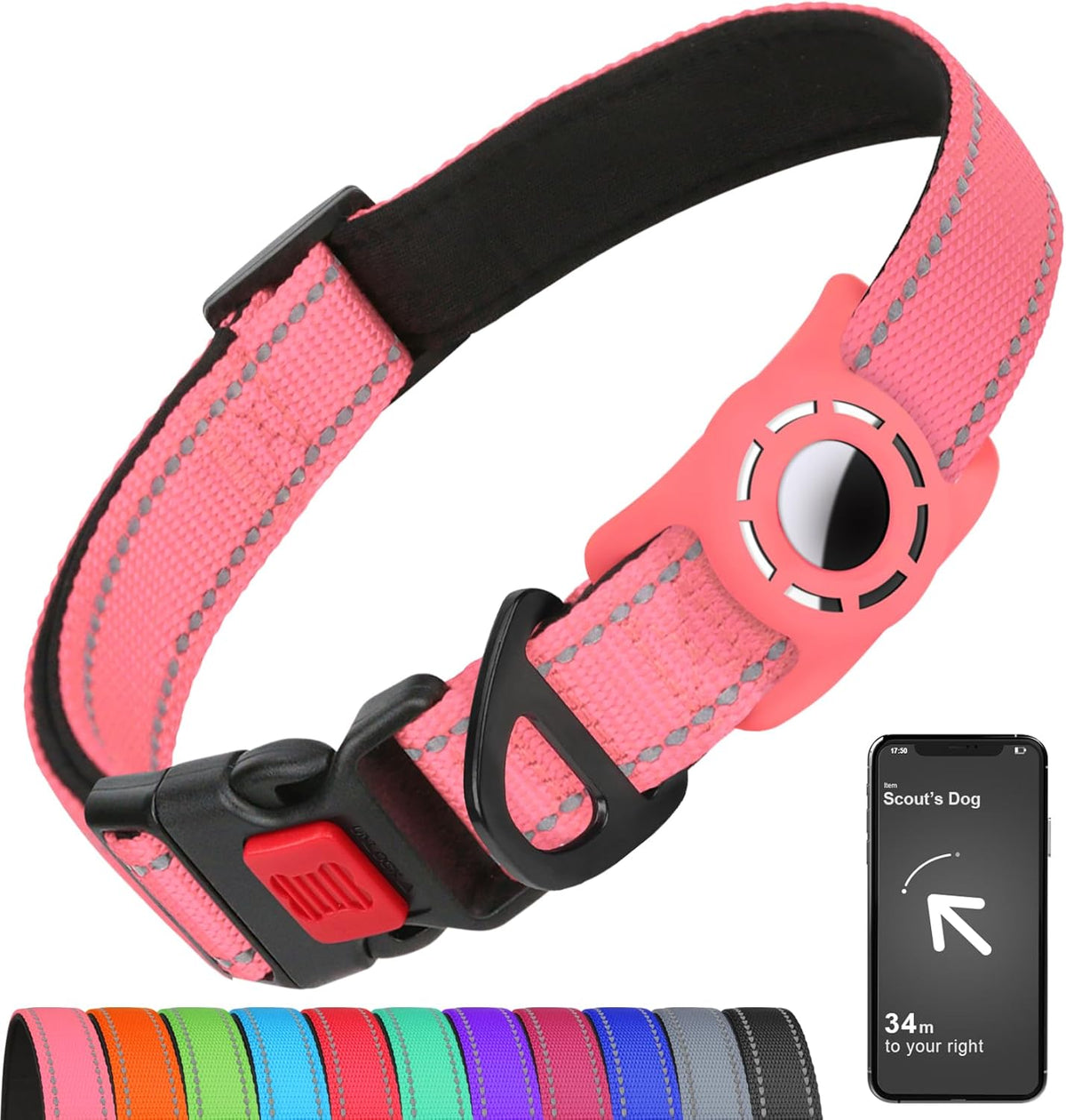 AirTag Dog Collar with AirTag Holder Compatible for Air Tag, Reflective Soft Padded, Safety Locking Buckle, Adjustable Nylon for Small Medium Large Dogs (Hotpink,S) - Image 14