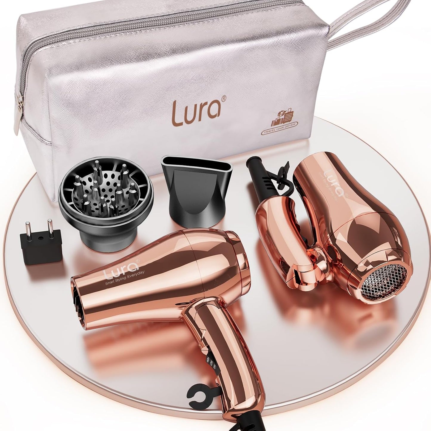 Lura dual voltage travel hair dryer rose gold front view