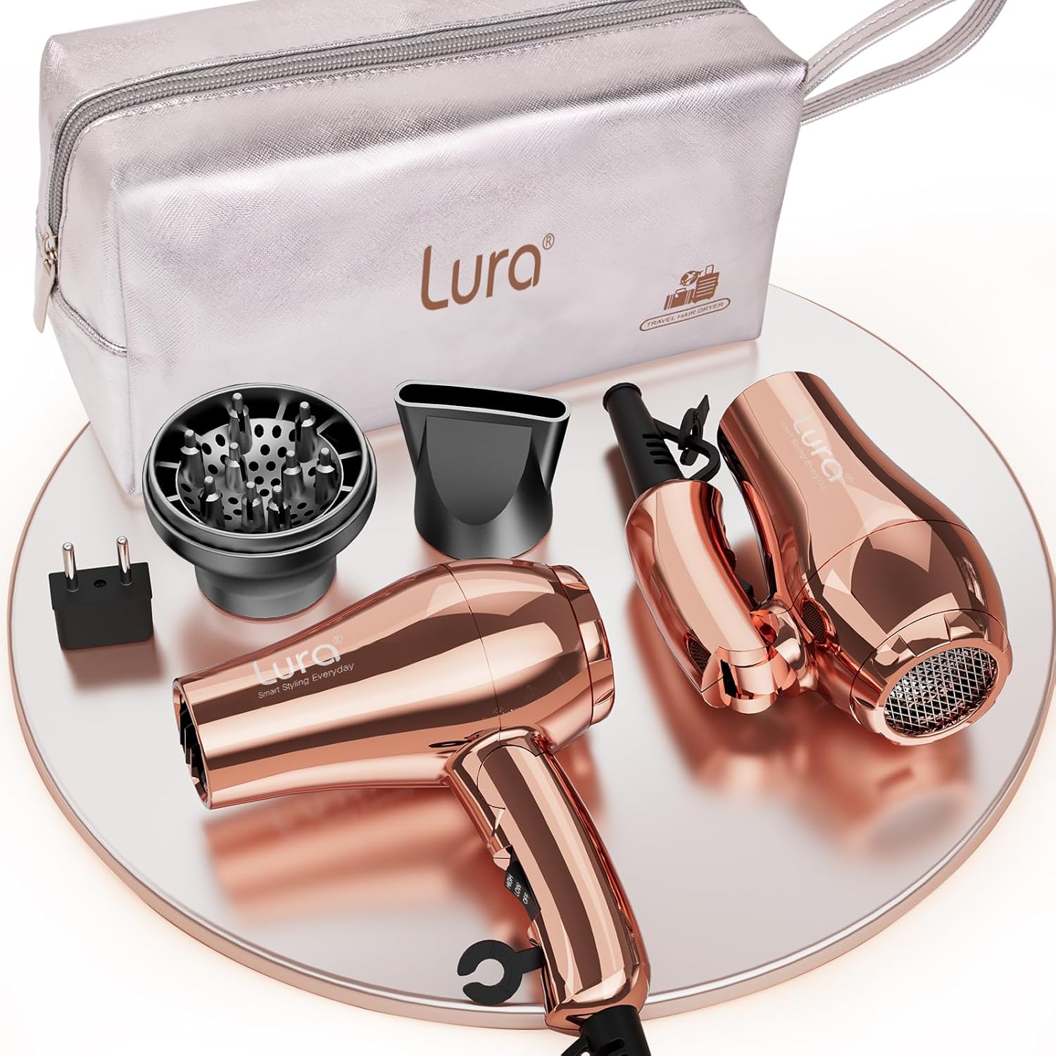 Lura dual voltage travel hair dryer rose gold front view