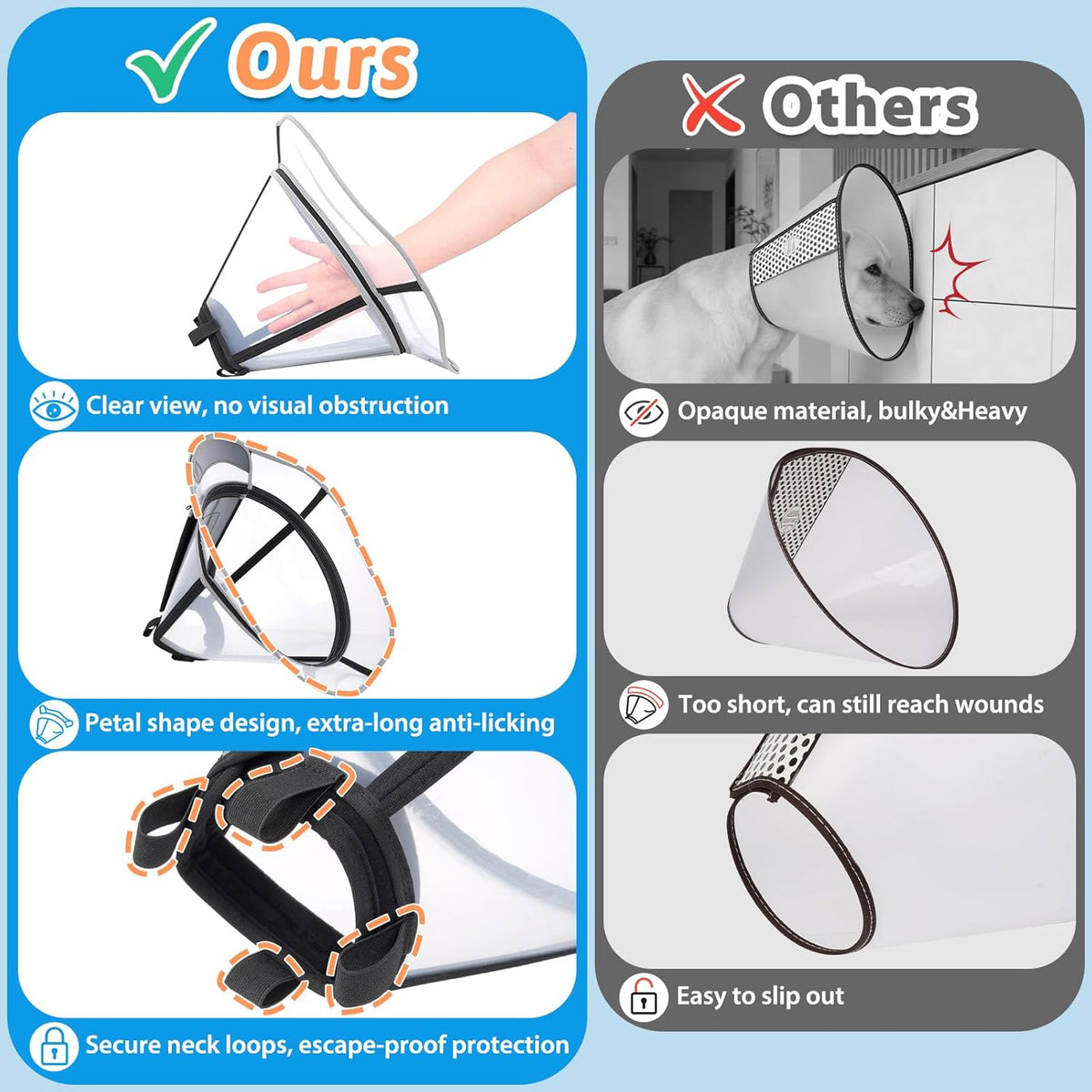 Extra large waterproof pet medical e collar laying flat for storage.