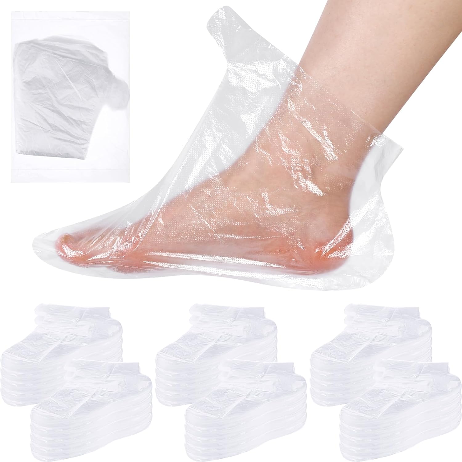 Dansib disposable plastic foot covers front view showcasing a clear pack of salon grade pedicure liners