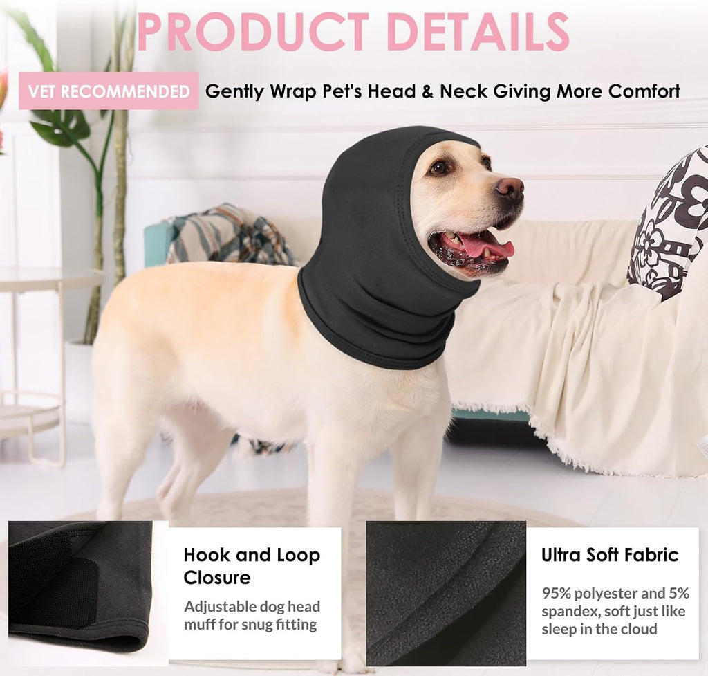 Grey KOESON pet snood wrapped around a dog's head for thunderstorm anxiety relief.