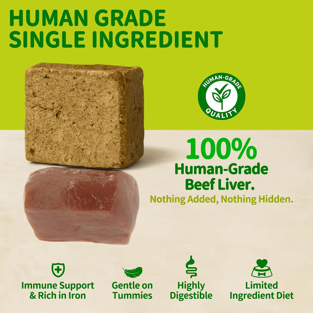 Major Pets freeze dried raw liver bites showing the lime green and purple product bag design