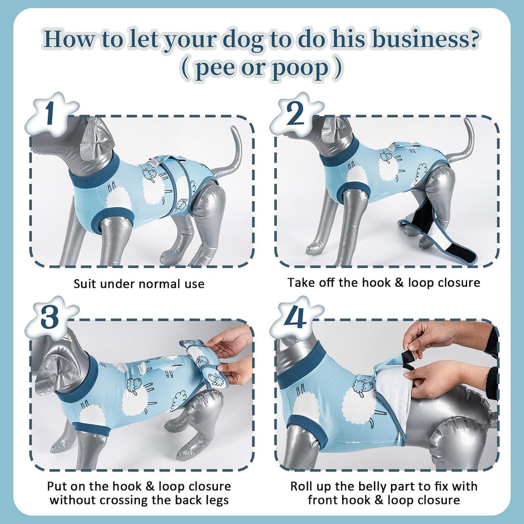 Step-by-step demonstration of the adjustable magic tape system on the Aimydog anti-licking pet recovery suit.