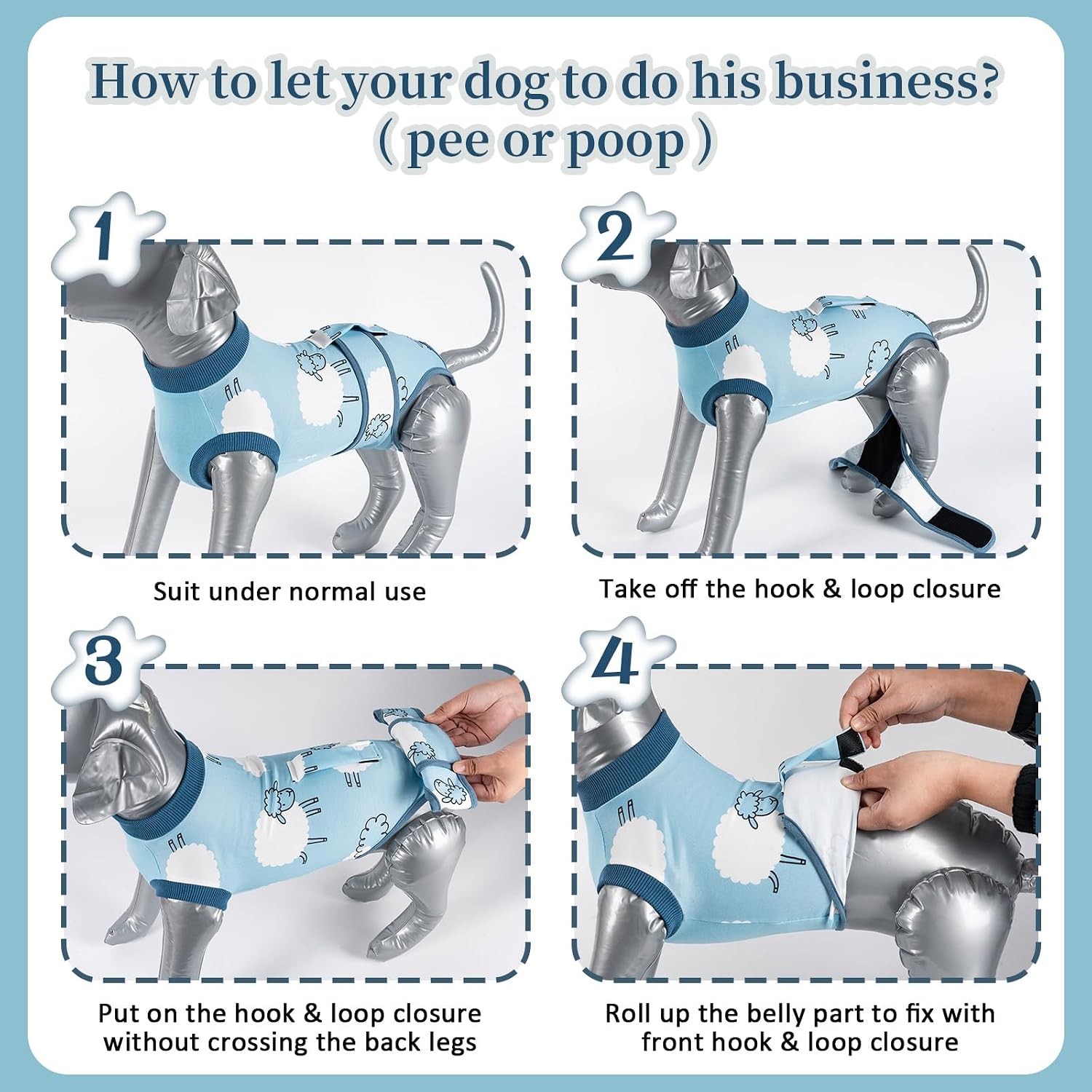 Step-by-step demonstration of the adjustable magic tape system on the Aimydog anti-licking pet recovery suit.