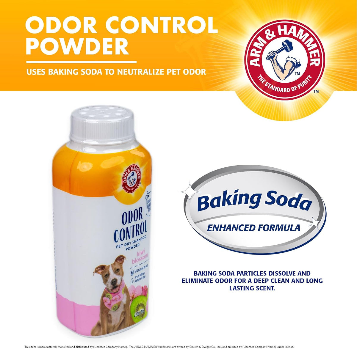 Close up of Arm and Hammer baking soda dog deodorant label