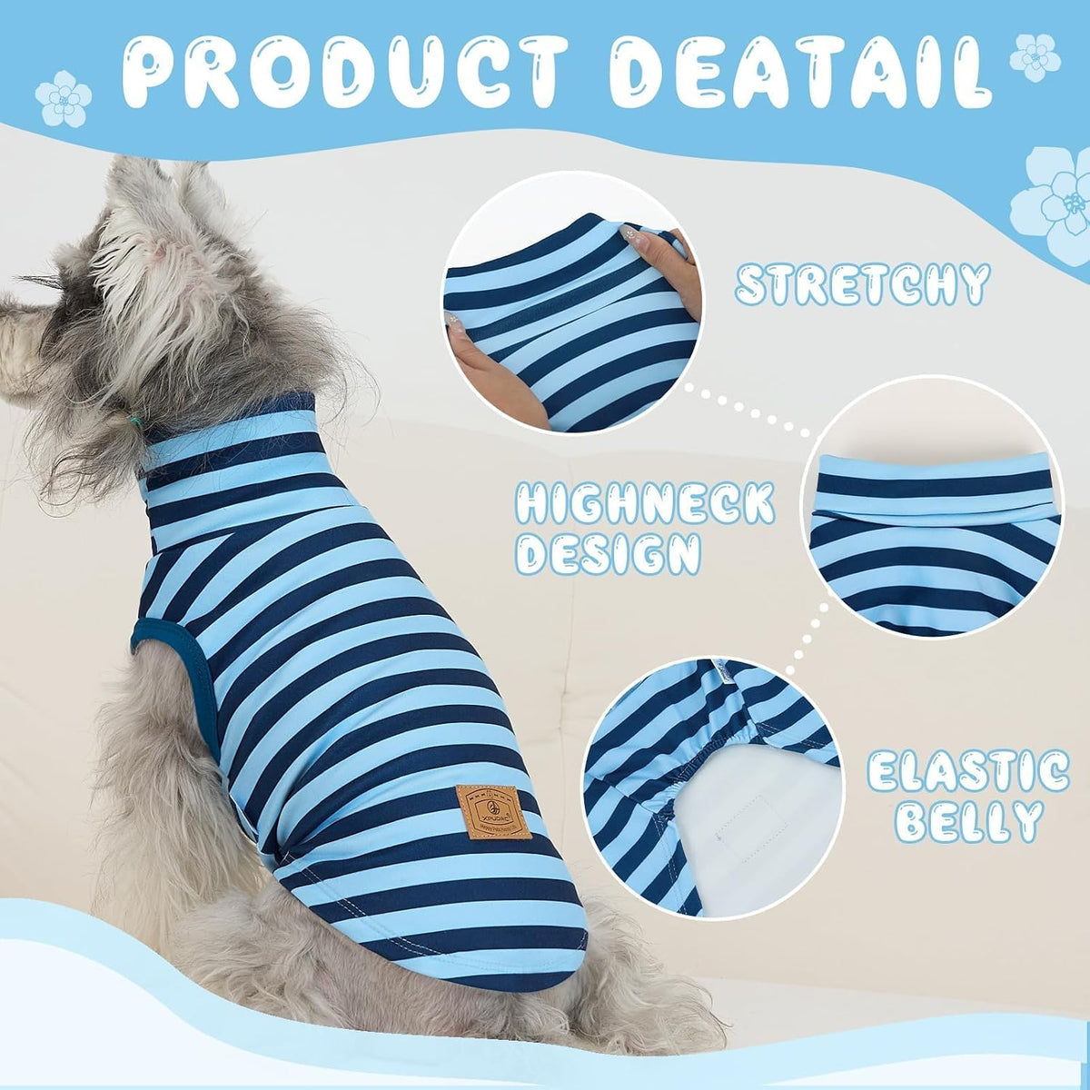 Four different styles of casual and festive pet apparel laid out to display the pattern variety