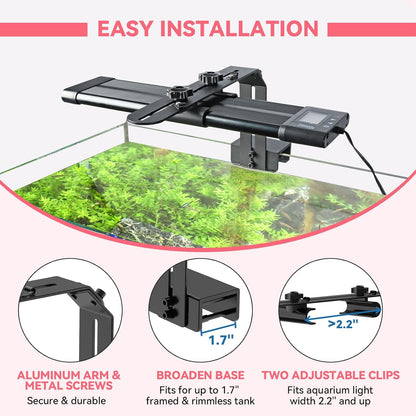 Hygger LED mounting bracket illustrating height adjustment from Two to Six inches above the water surface