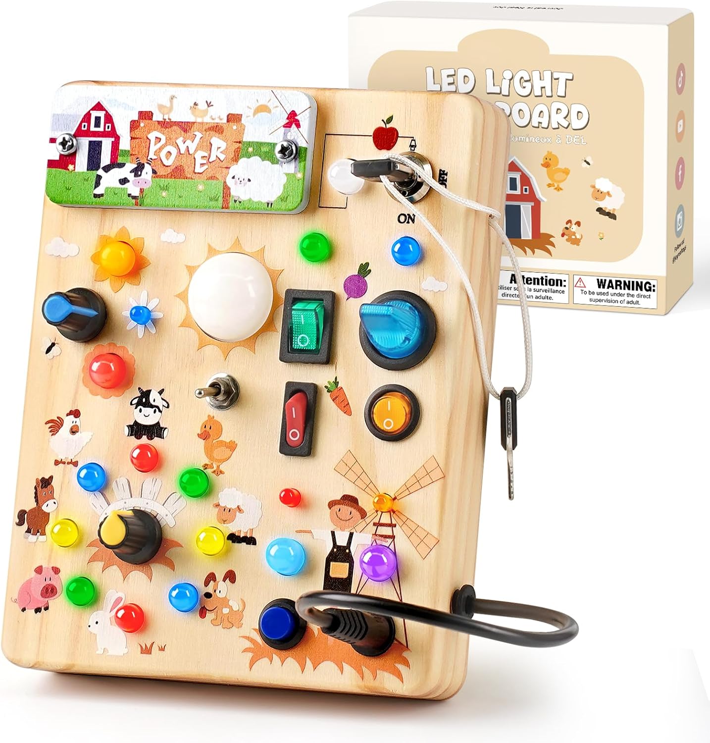 Sanlebi LED busy board for toddlers front view featuring farm theme wood sensory design.
