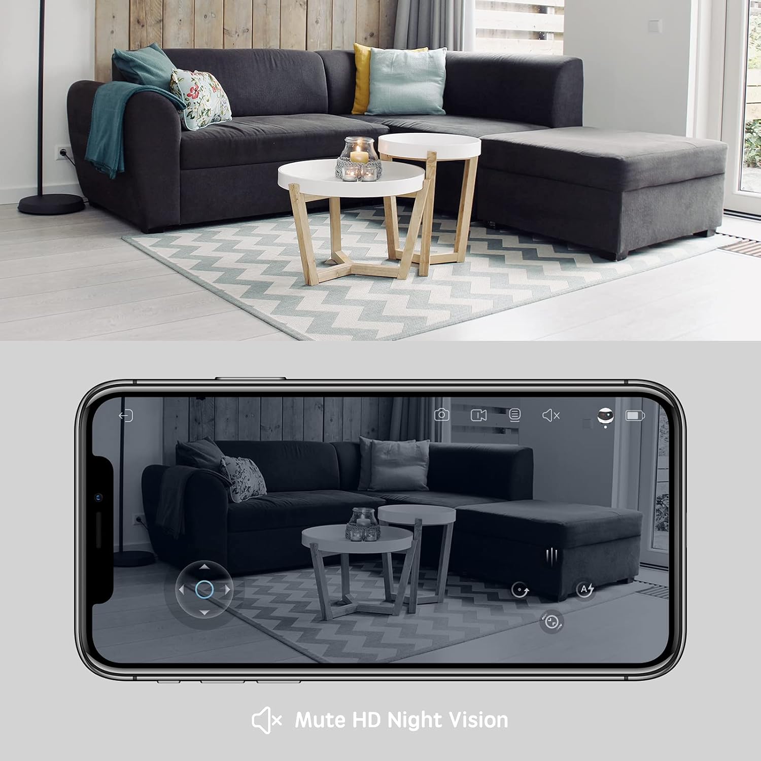 Smartphone app screen demonstrating the remote control steering and two way talk interface for home security.