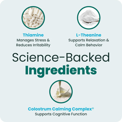 VetriScience imported dog calming treats ingredient list showing Thiamine and L-Theanine