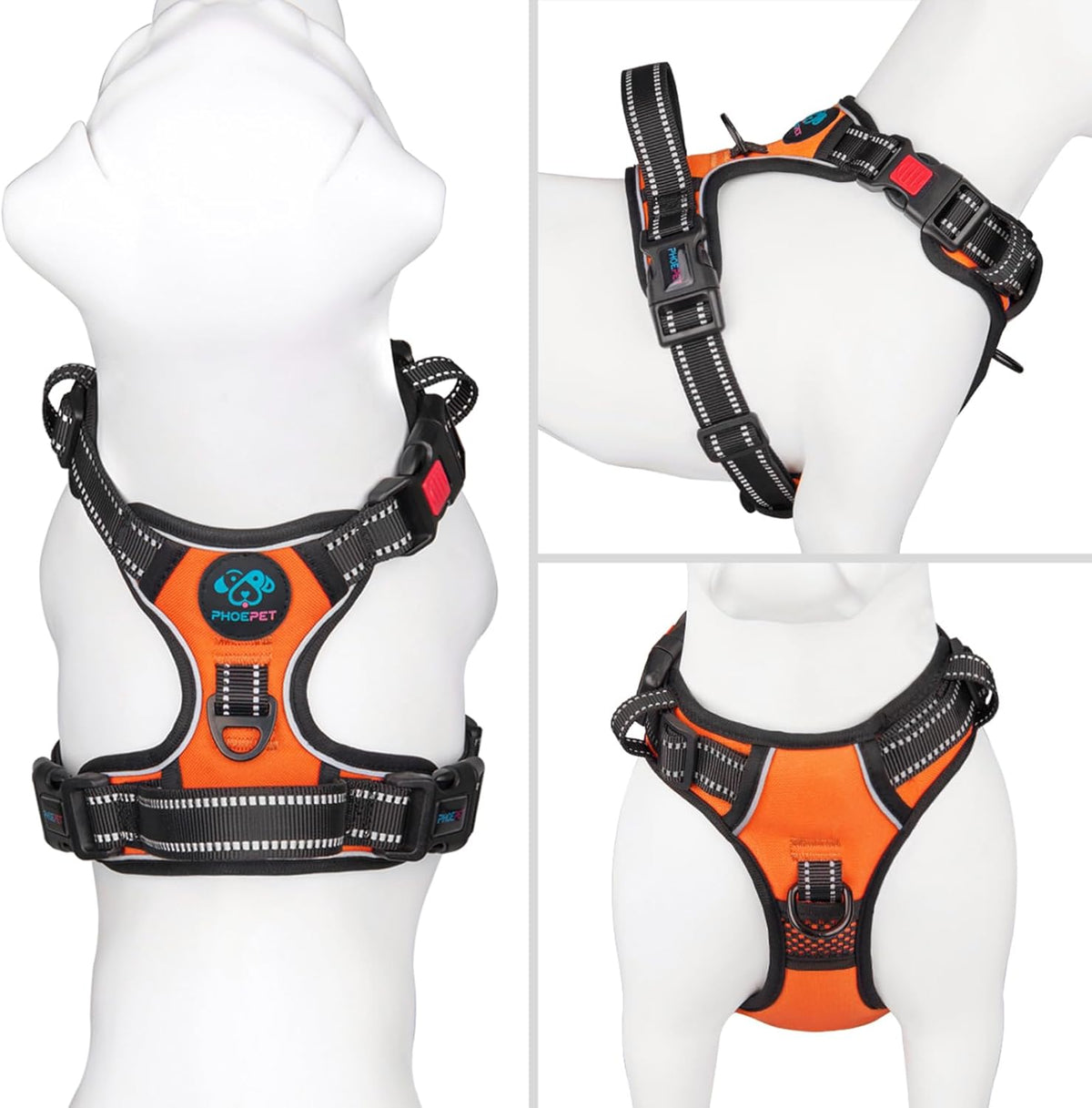 Phoepet dog harness side profile with reflective stitching