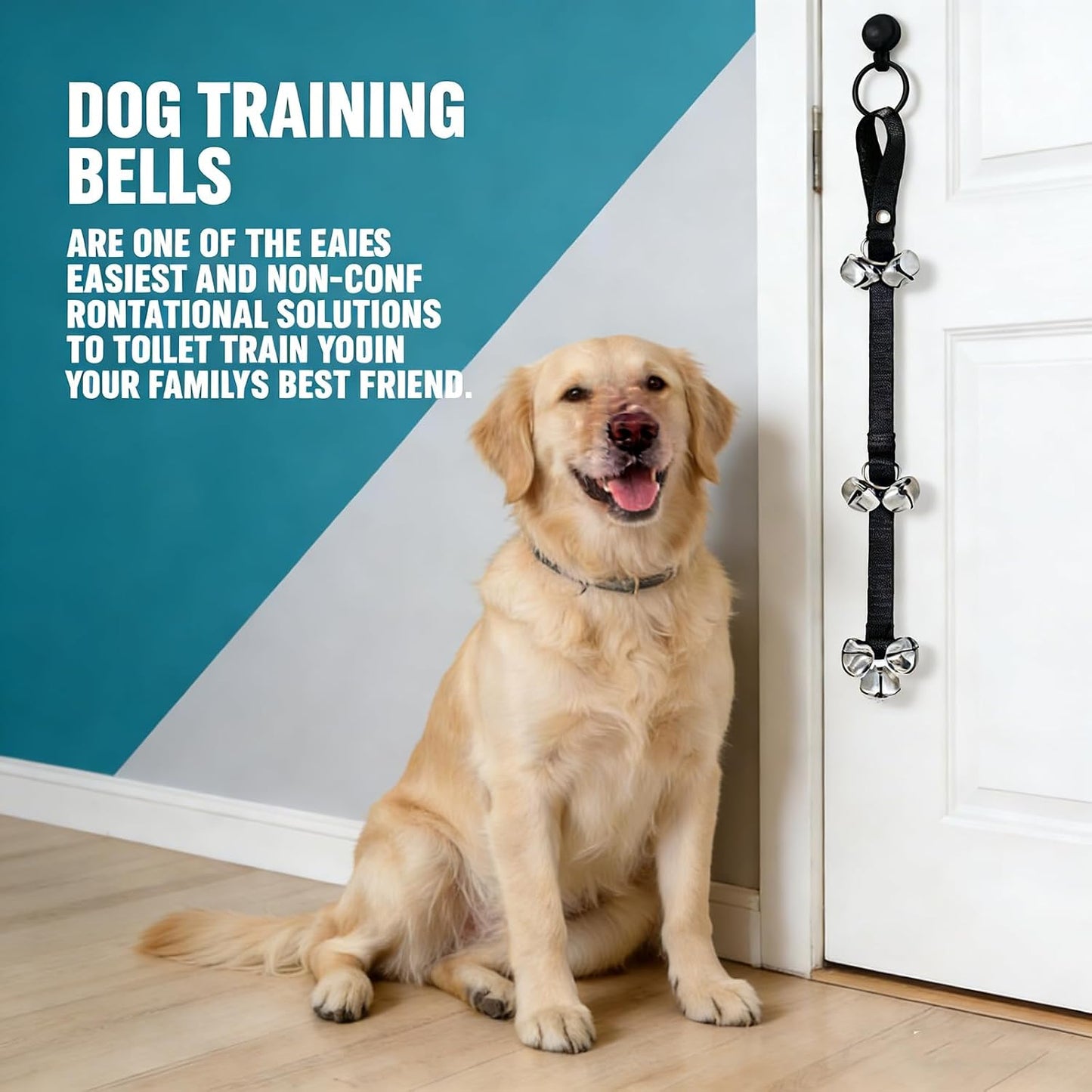 Close up of 6 silver bells on Tje dog training rope