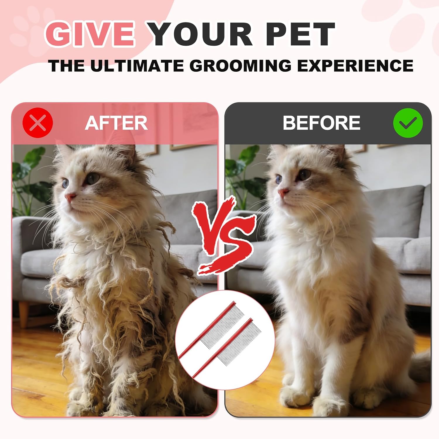 Petaxcell grooming comb next to a small dog and cat