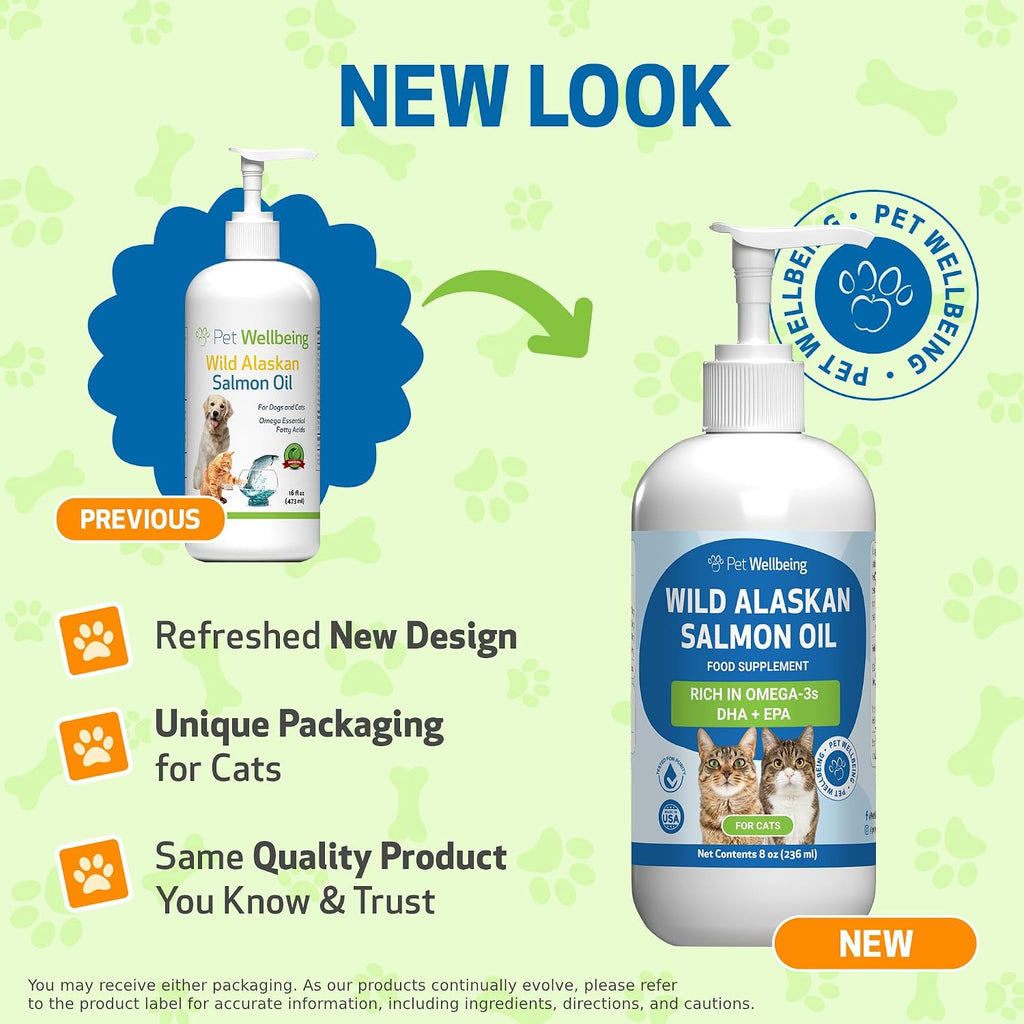 Pet Wellbeing cat salmon oil packaging showing NASC certified seal
