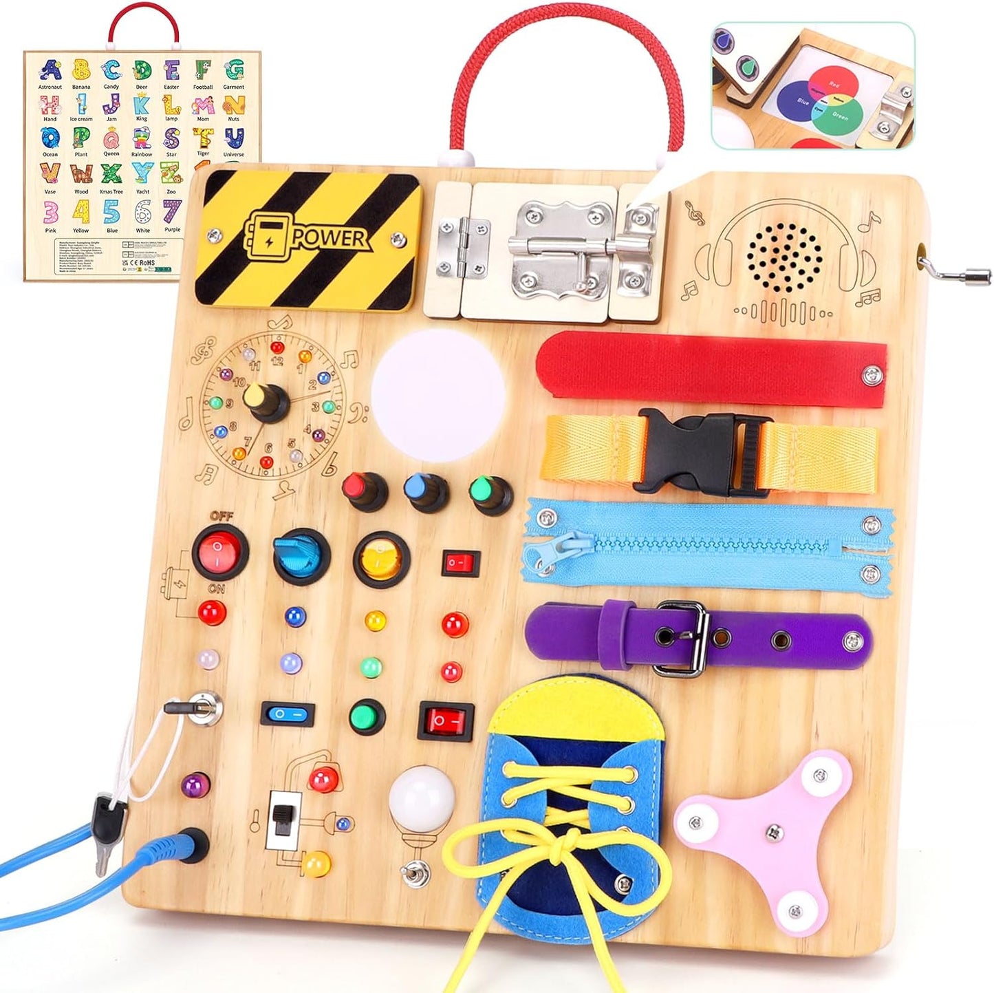Hoarosall 23-in-1 Montessori busy board front view showcasing premium wooden craftsmanship and interactive switches.