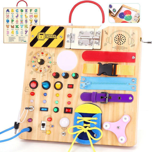Hoarosall 23-in-1 Montessori busy board front view showcasing premium wooden craftsmanship and interactive switches.