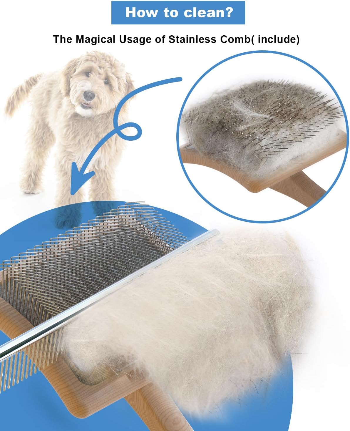 Petqueen dematting brush for poodles close up of cushioned base and angled wires
