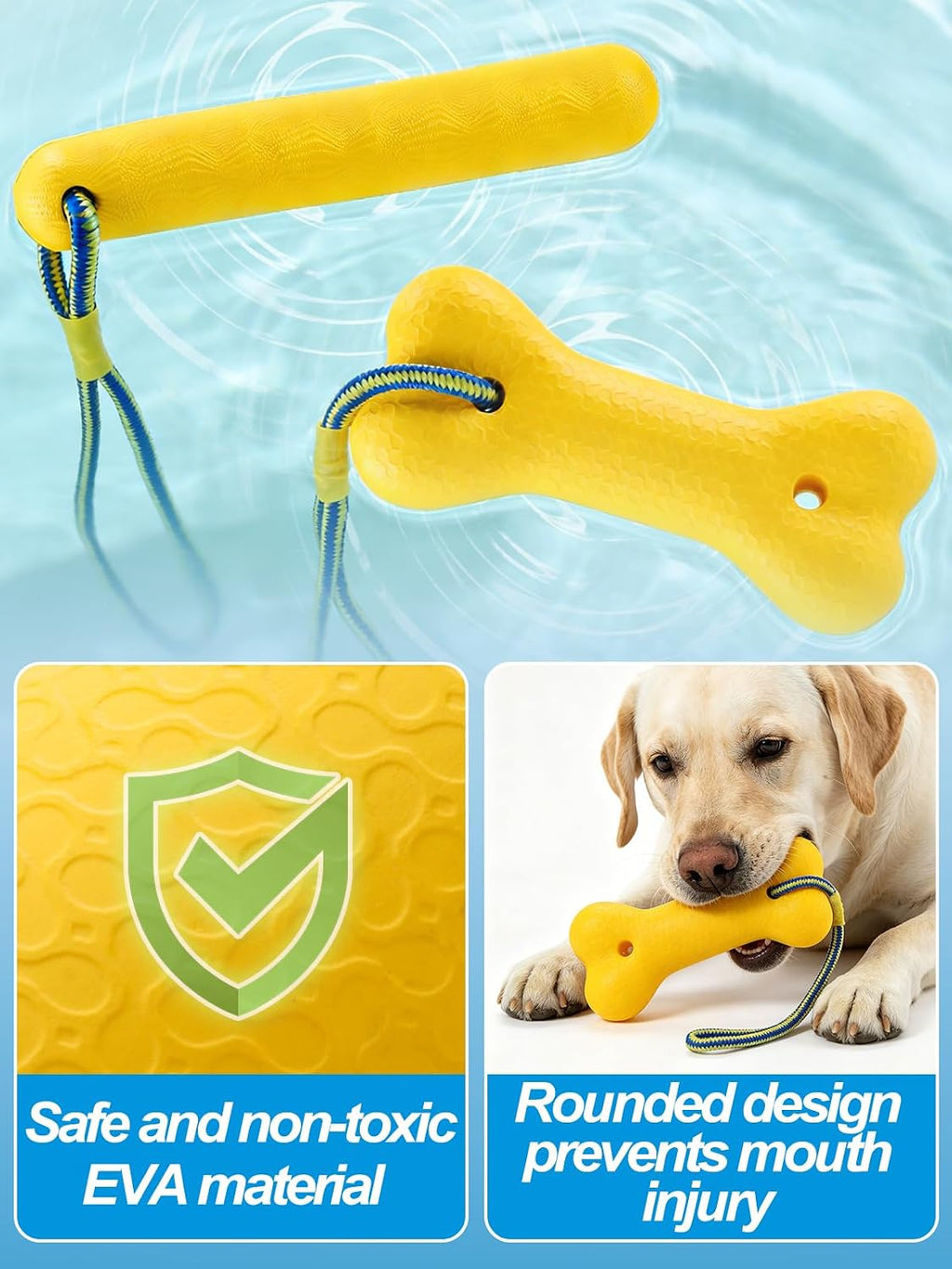 MEWTOGO water floating fetch training bumpers floating on a pool surface for medium and large dogs.