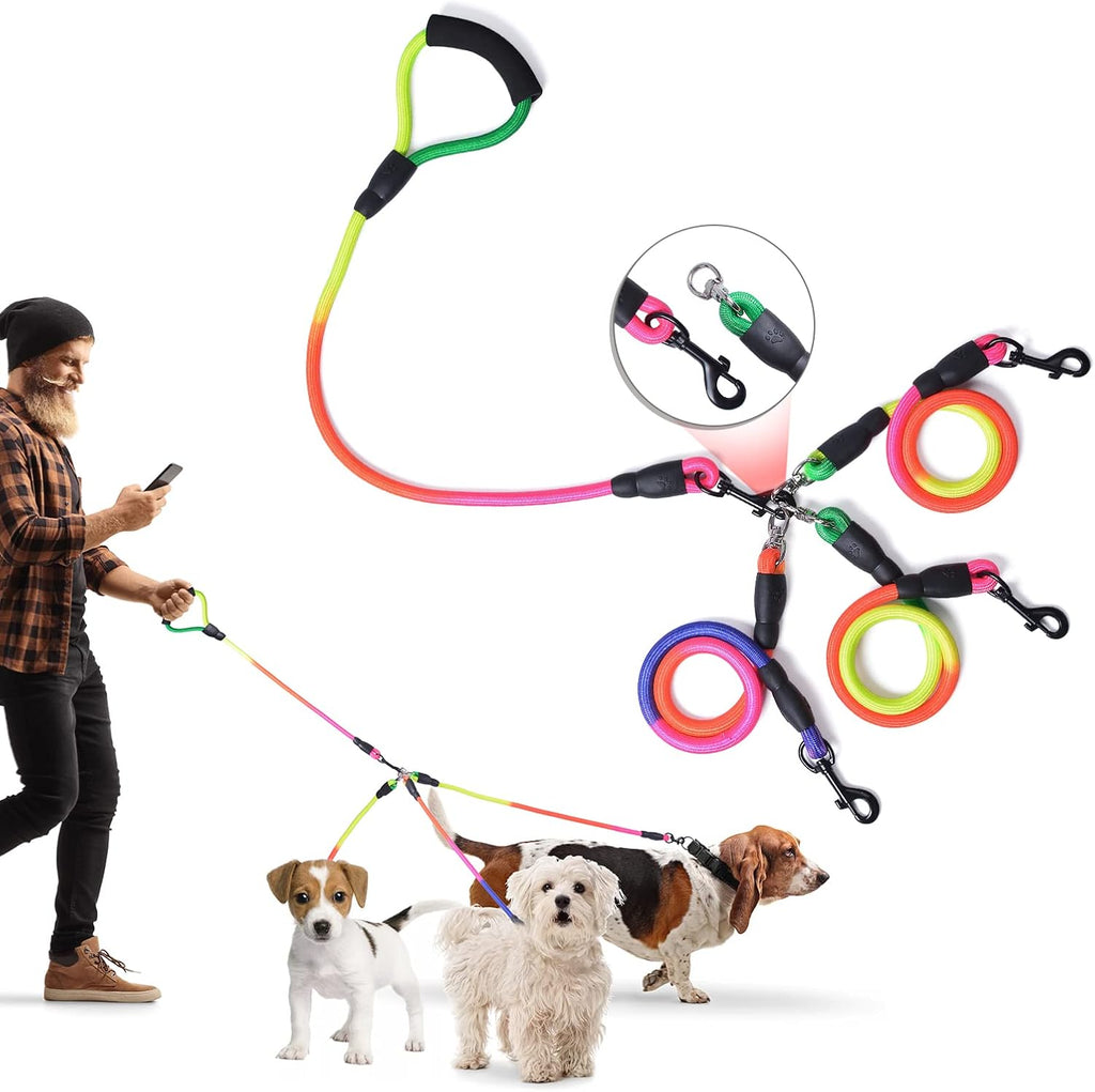 XCELLENT GLOBAL XG 3 way dog leash front view showing rainbow colored straps