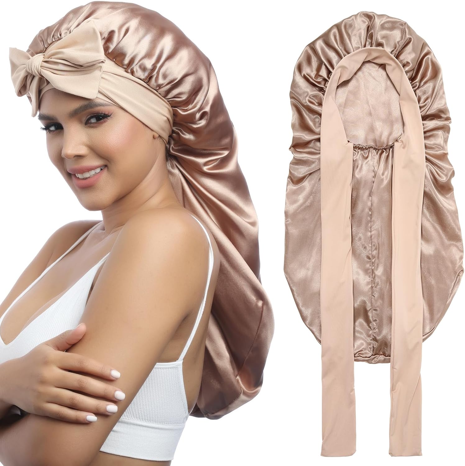 AWAYTR Long Satin Bonnet for Women in Champagne front view showing wide elastic band