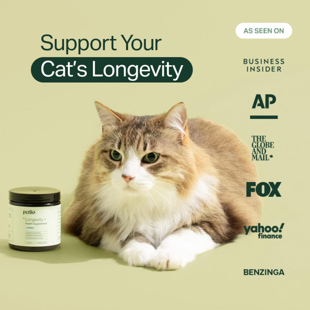 Petlio Longevity+ supplement bottle with nutritional information