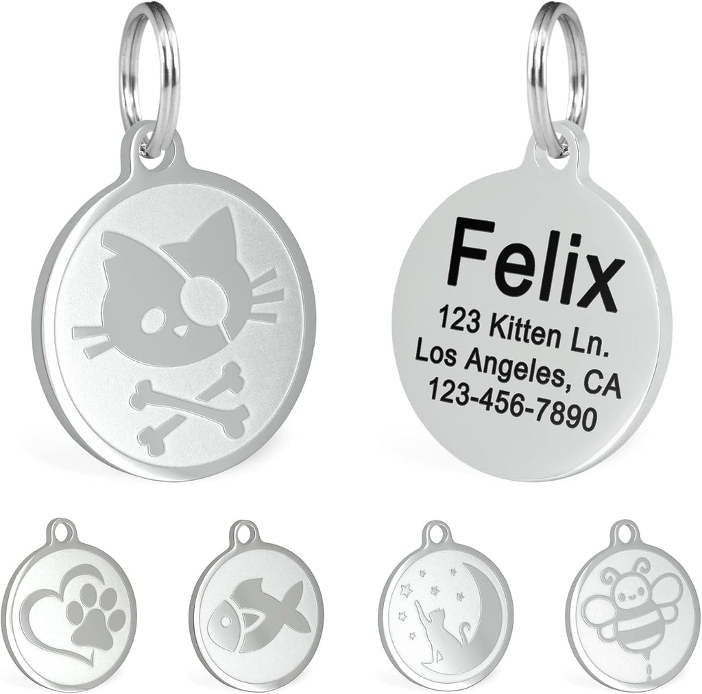 Ultra Joys Engraved Cat Name Tag front view showing polished stainless steel pirate skull design