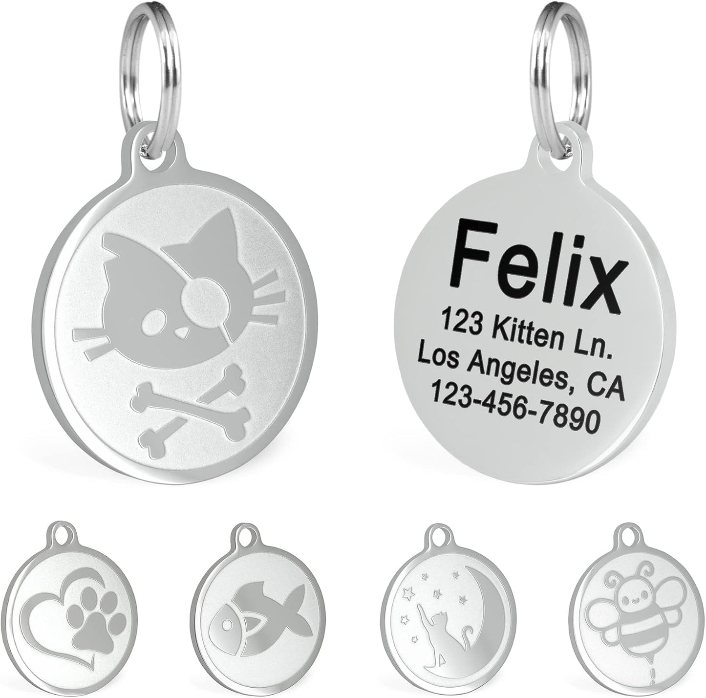 Ultra Joys Engraved Cat Name Tag front view showing polished stainless steel pirate skull design