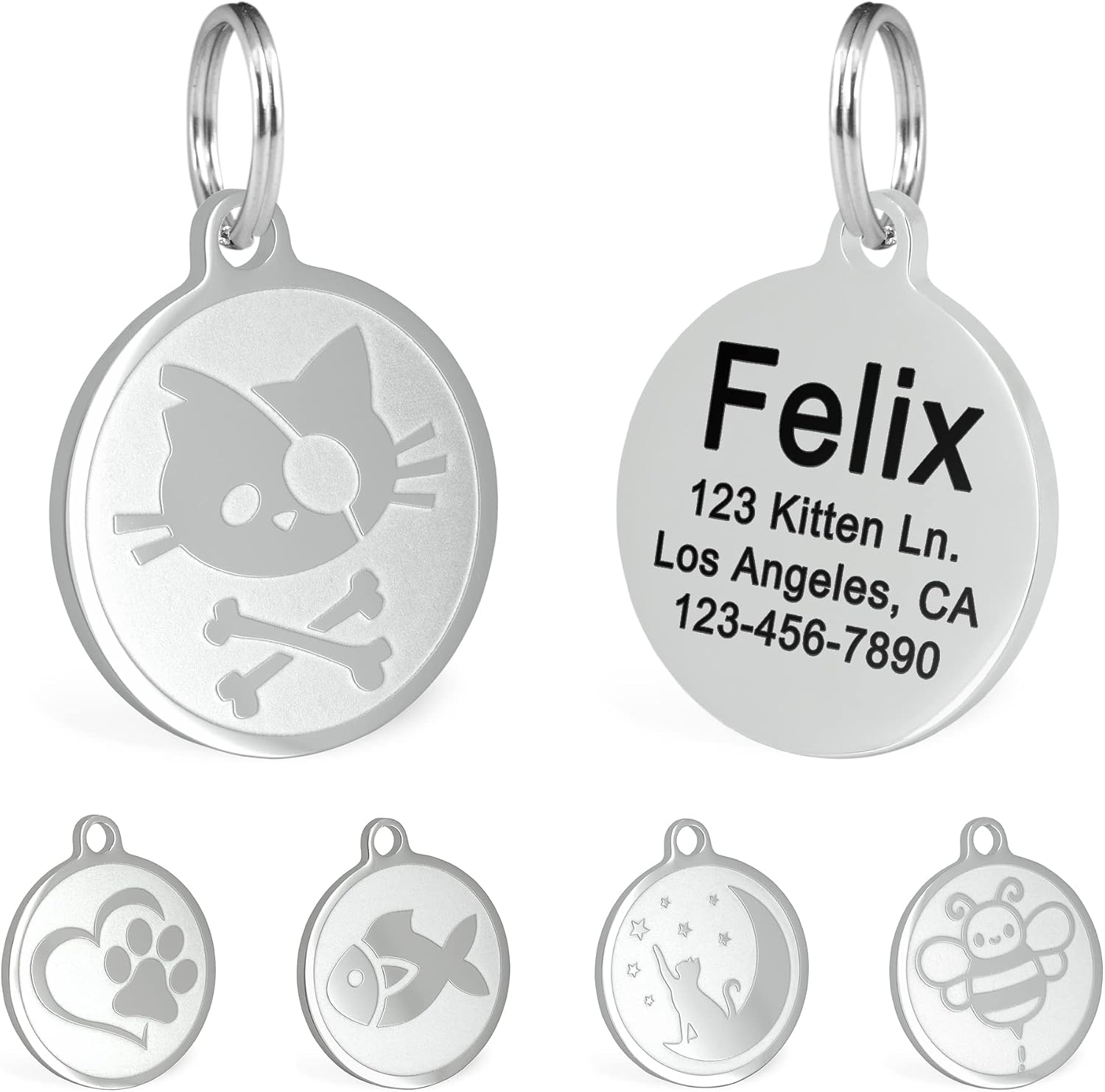 Ultra Joys Engraved Cat Name Tag front view showing polished stainless steel pirate skull design