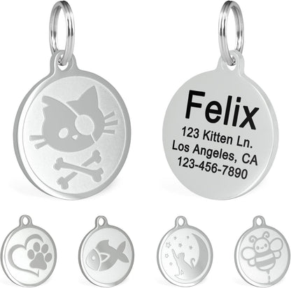 Ultra Joys Engraved Cat Name Tag front view showing polished stainless steel pirate skull design