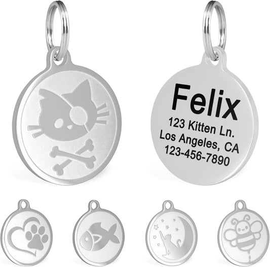Ultra Joys Engraved Cat Name Tag front view showing polished stainless steel pirate skull design