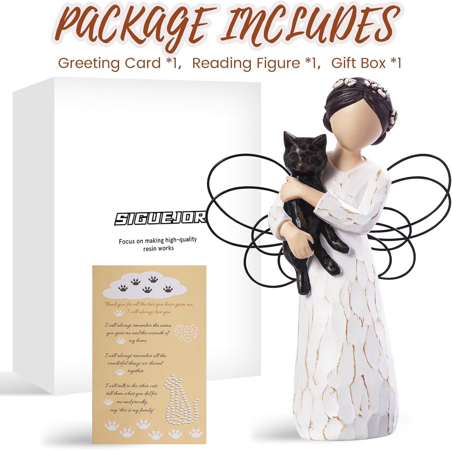 SIGUEJOR premium polyresin angel cradling a black cat close up shot