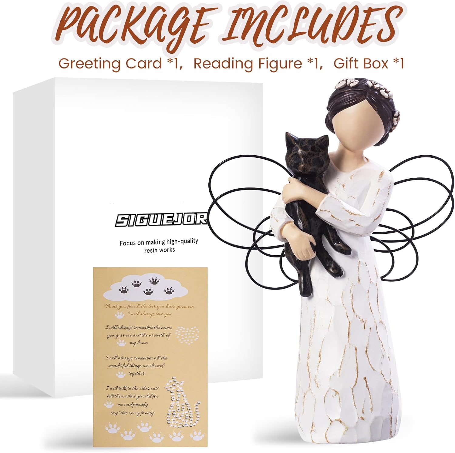 SIGUEJOR premium polyresin angel cradling a black cat close up shot