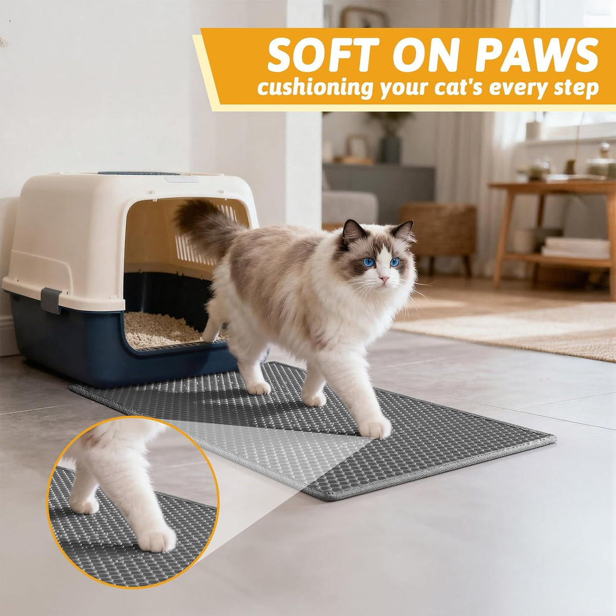 Cat stepping comfortably on the soft paw friendly mat surface