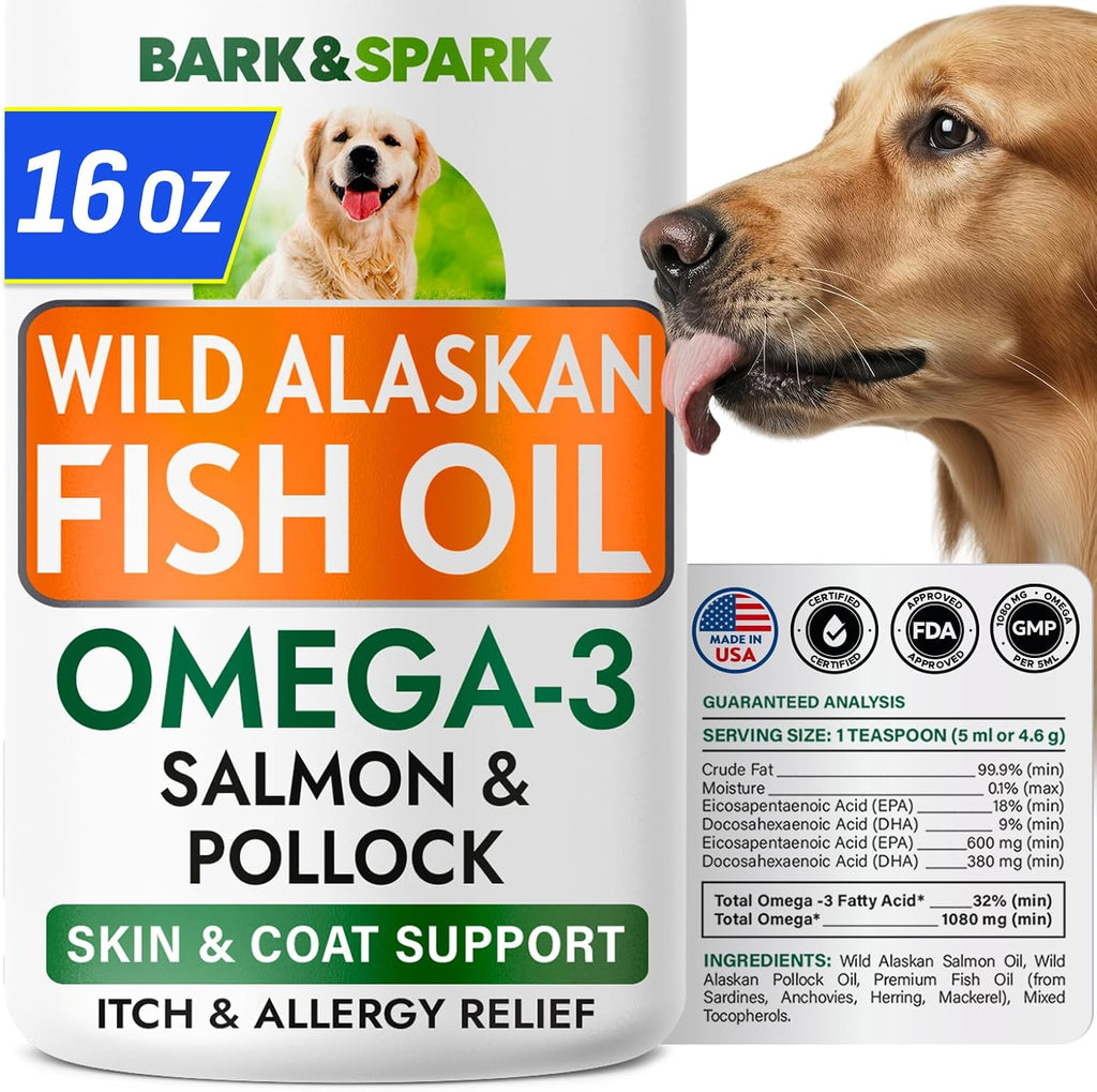 BARK&SPARK Omega 3 Fish Oil for Dogs front view of the 16 fluid ounce bottle liquid supplement for pets