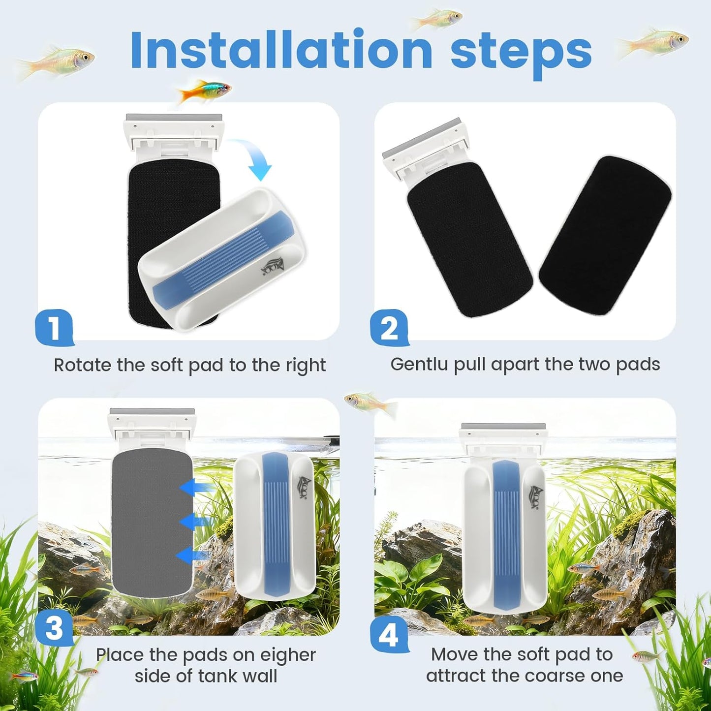Internal stiff bristle pad removing algae from glass