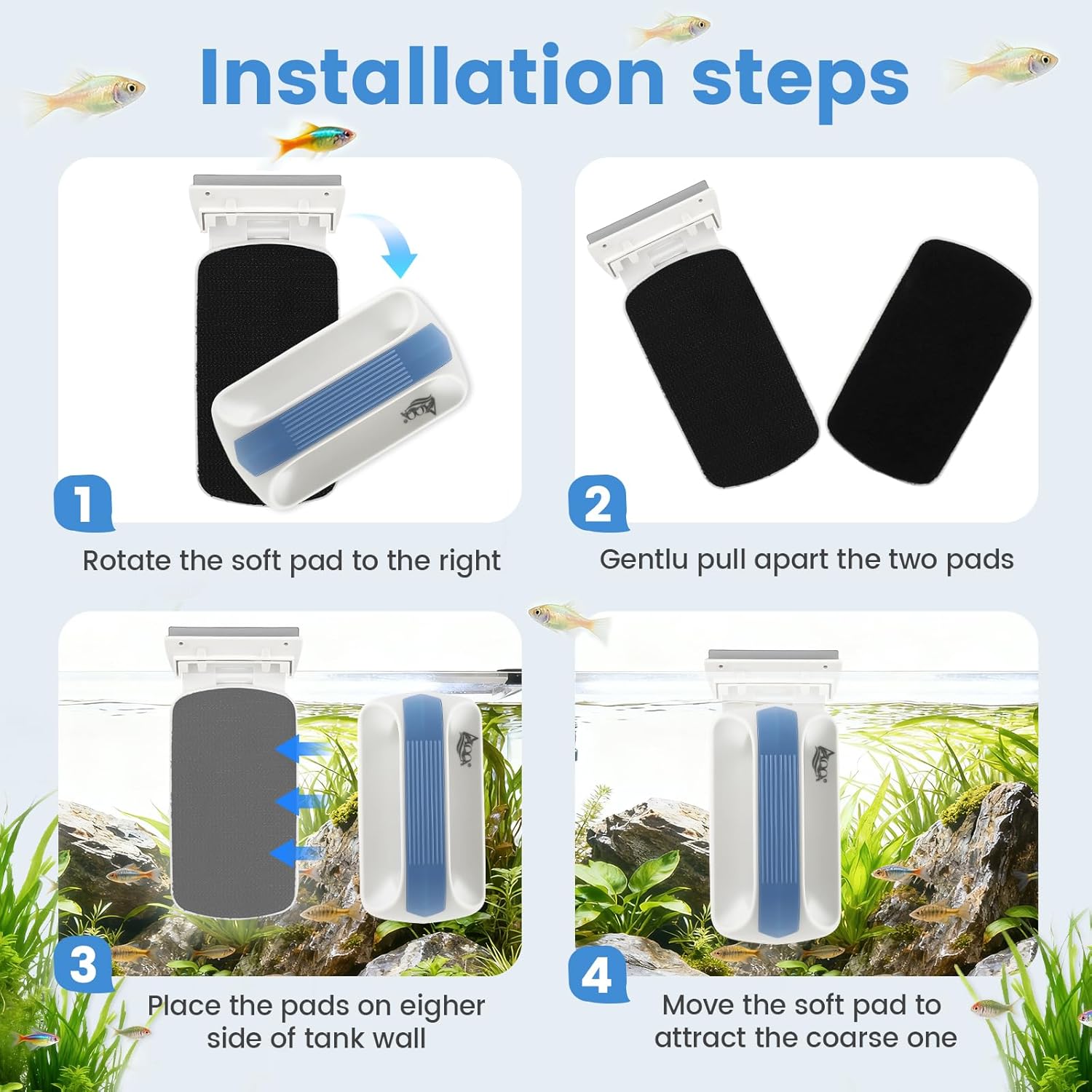 Internal stiff bristle pad removing algae from glass
