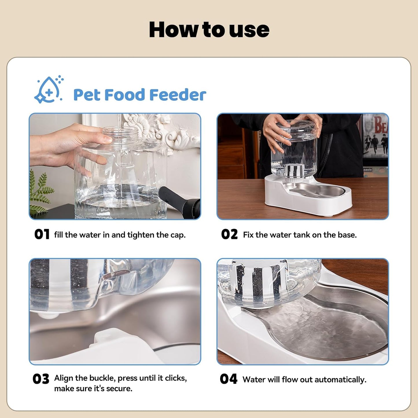 Disassembled parts of the easy to clean cordless pet water station