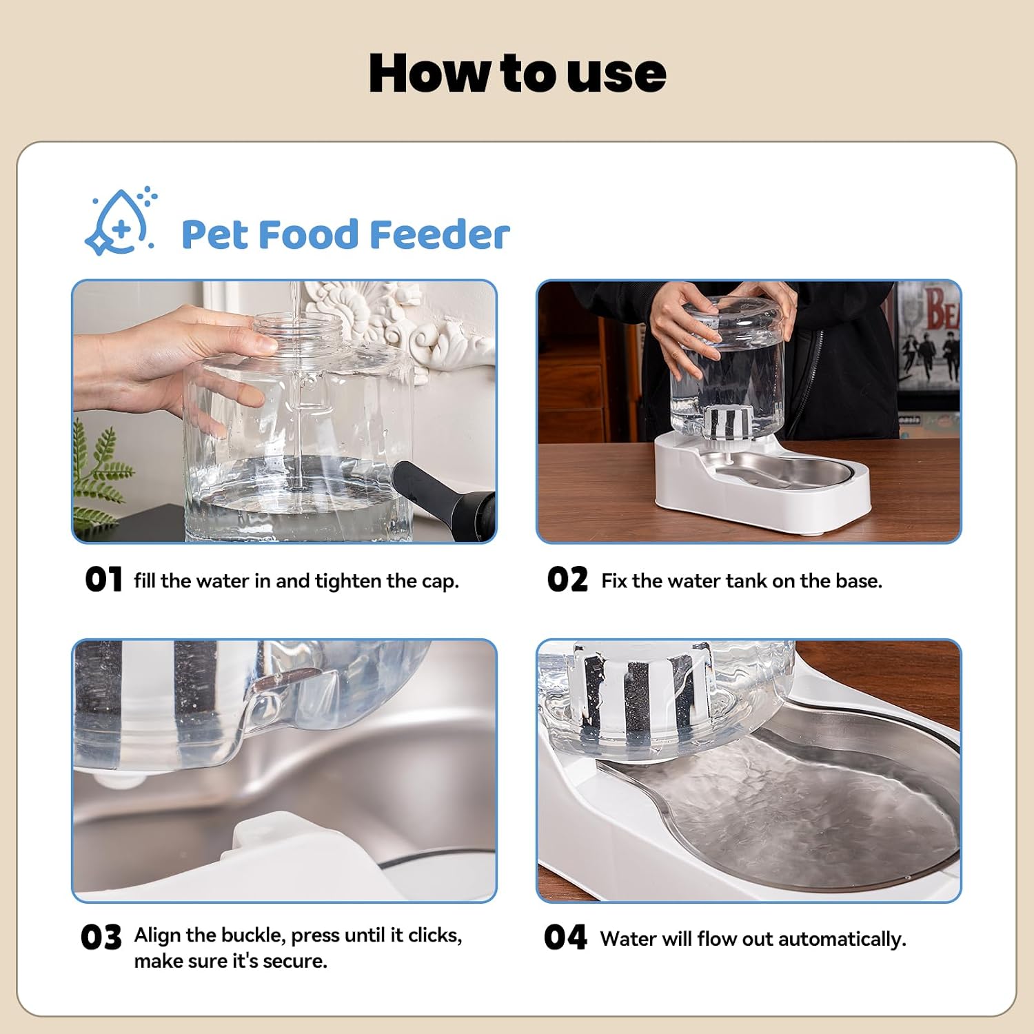 Disassembled parts of the easy to clean cordless pet water station