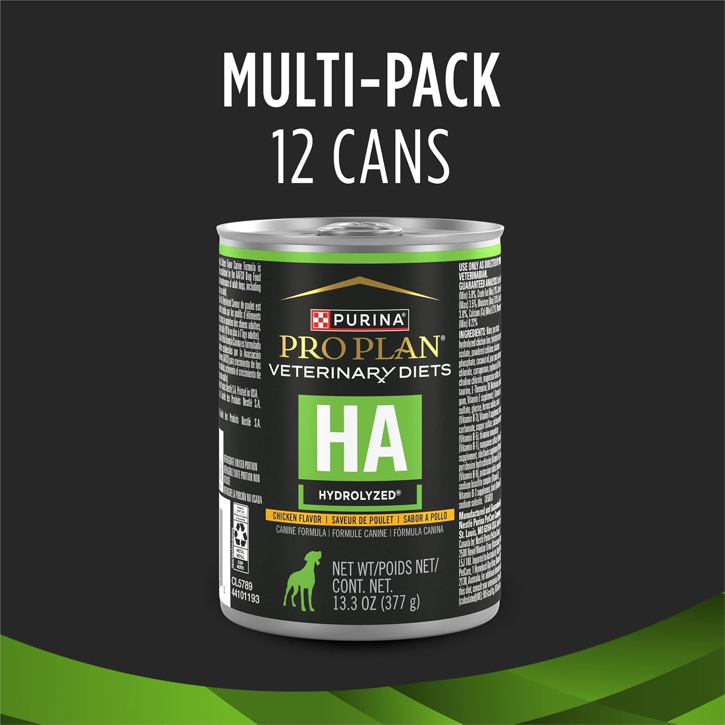Purina Pro Plan Veterinary Diets hypoallergenic wet dog food nutritional information panel
