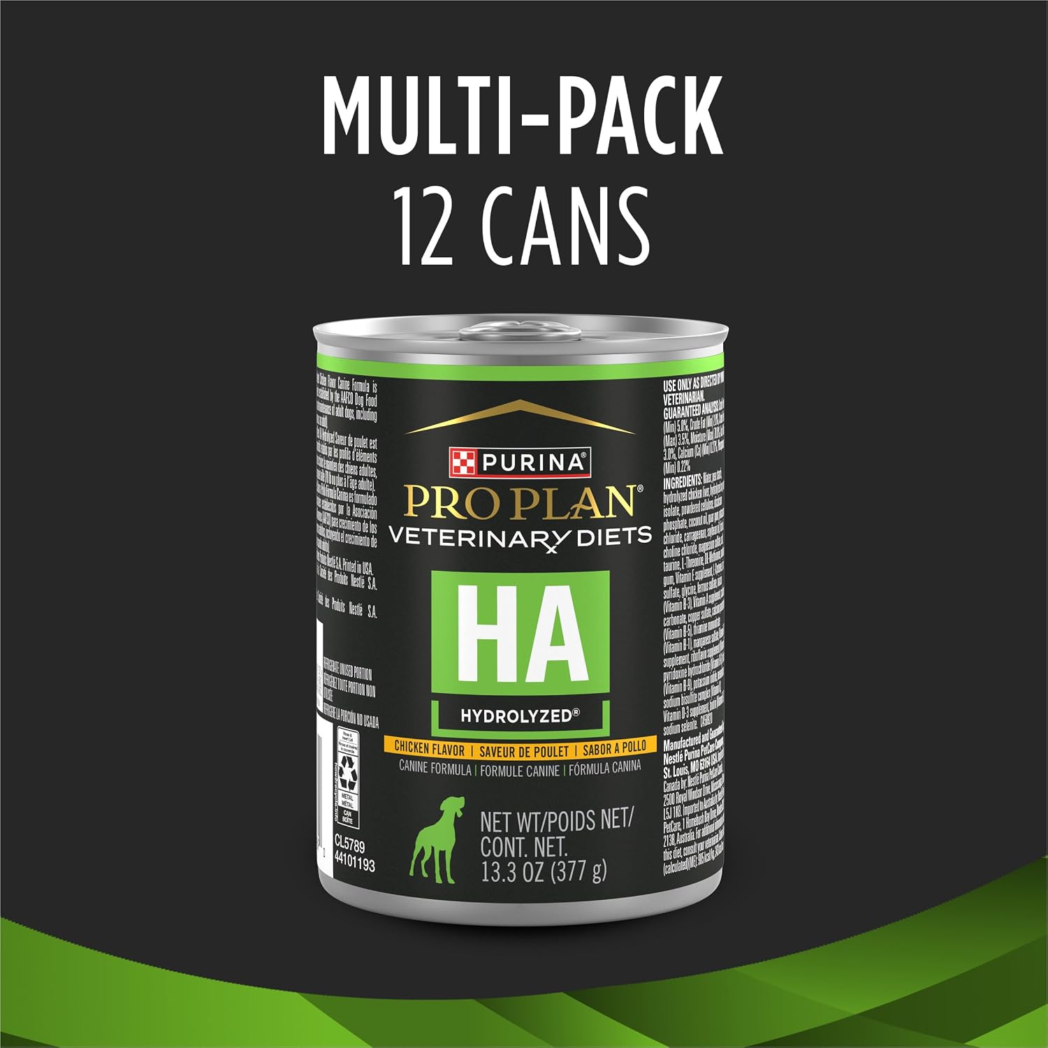 Purina Pro Plan Veterinary Diets hypoallergenic wet dog food nutritional information panel