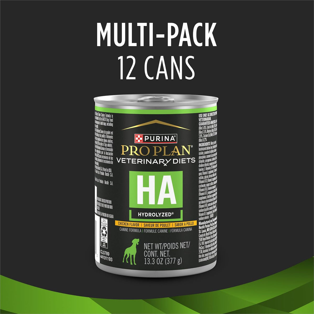 Purina Pro Plan Veterinary Diets hypoallergenic wet dog food nutritional information panel