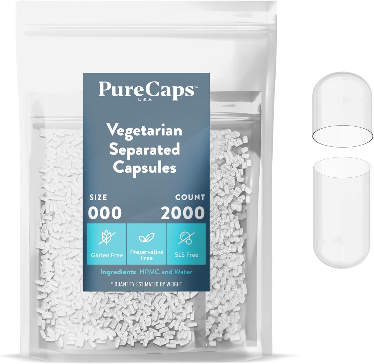 PureCaps USA size 000 empty vegetarian capsules front view packaging
