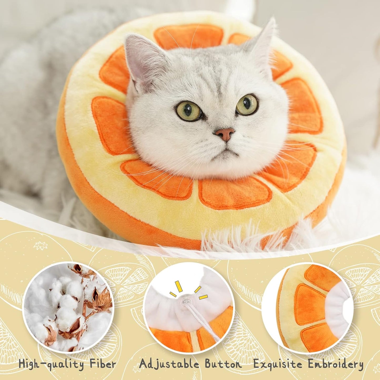 Cat wearing ANWA orange slice recovery cone while eating food.