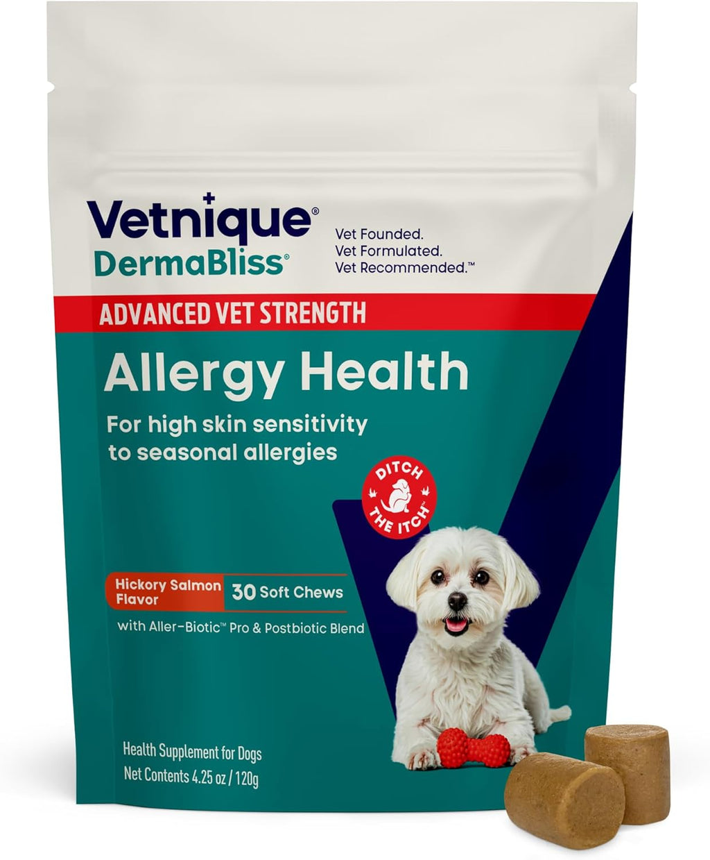 Vetnique DermaBliss Vet-Formulated Dog Allergy Chews for Seasonal Itch Relief, Skin, Coat & Gut Health, Omega 3 + Probiotic Anti-Itch Soft Chew Supplement for Dogs (60ct, Regular Strength Chews) - Image 12