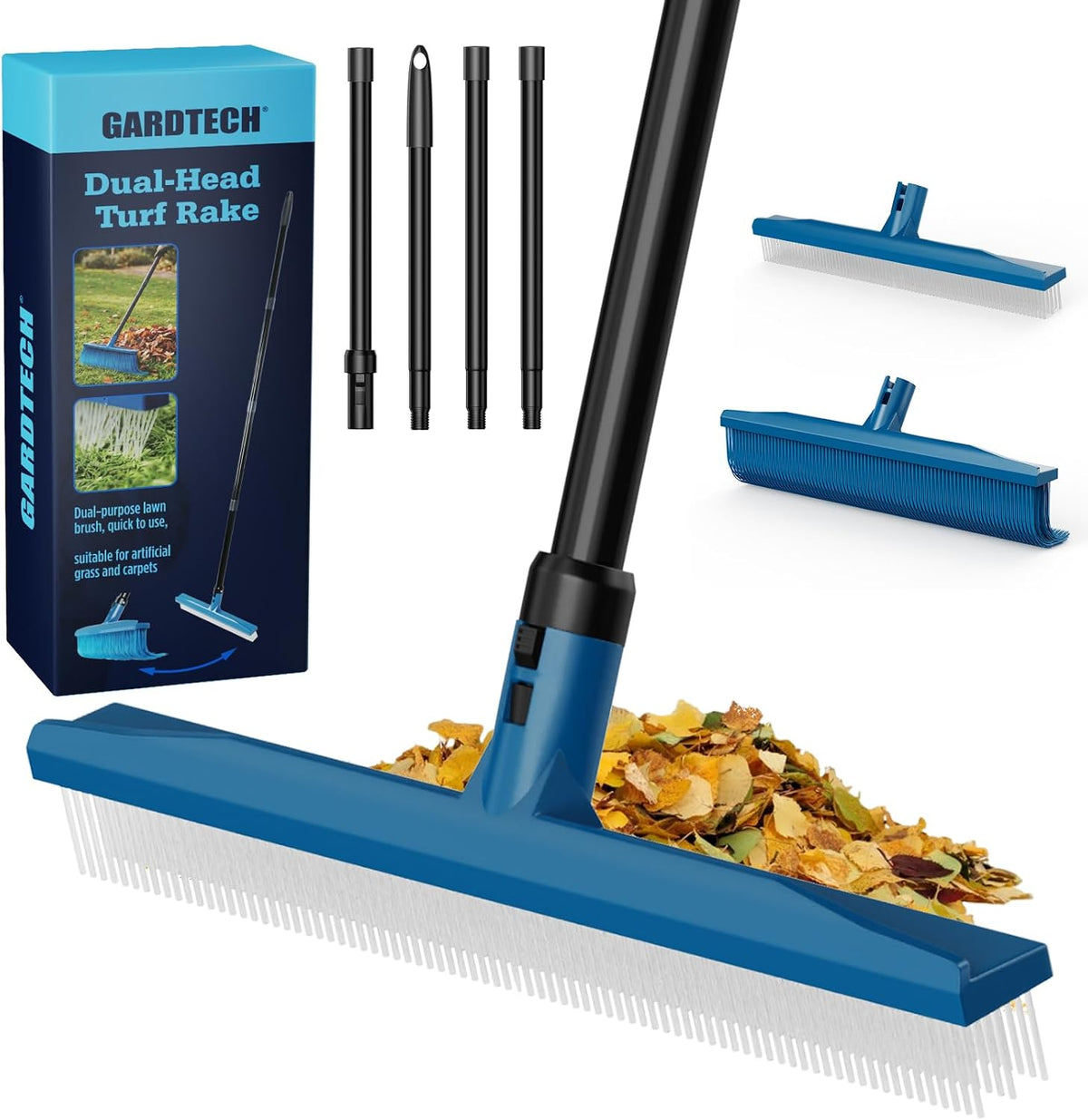 Gardtech 2-in-1 artificial turf rake and broom set front view