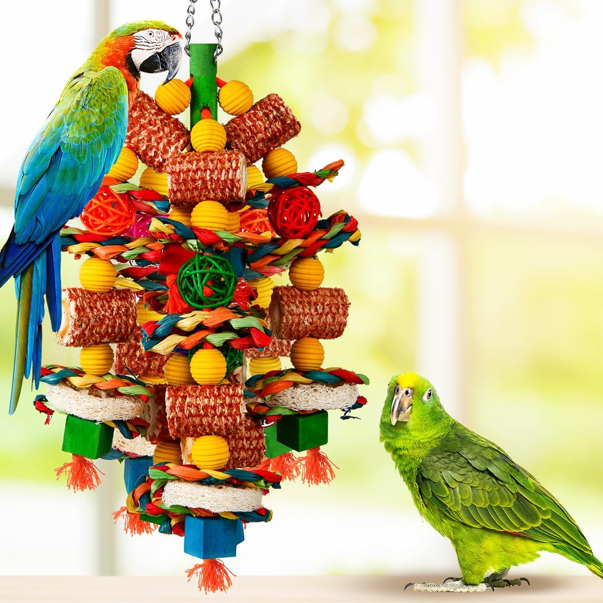 Vibrant colorful parrot toy featuring natural textures for African Greys and Macaws.